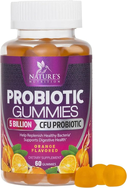 Probiotic Gummies for Digestive Health, Daily Probiotics for Women & Men, 5 Billion CFUs, Nature's Pro Biotics Gummy for Immune Support, Digestive Nutritional Supplements, Orange Flavor - 60 Gummies