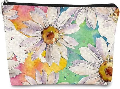 White Daisy Flowers Makeup Bag,Watercolor Botanical Flower Cosmetic Bag Best Gift Idea for Teen Girls Women,Birthday Christmas Gifts for Girls Women Daughter Sister