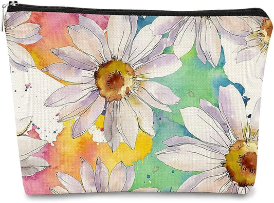 White Daisy Flowers Makeup Bag,Watercolor Botanical Flower Cosmetic Bag Best Gift Idea for Teen Girls Women,Birthday Christmas Gifts for Girls Women Daughter Sister