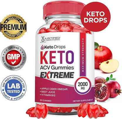 (5 Pack) Keto Drops Keto ACV Gummies Extreme 2000MG Keto Drops Keto Gummies Advanced Formula Apple Cider Vinegar with Pomegranate Beet Juice Powder B12 Vegan Non GMO 300 Gummys