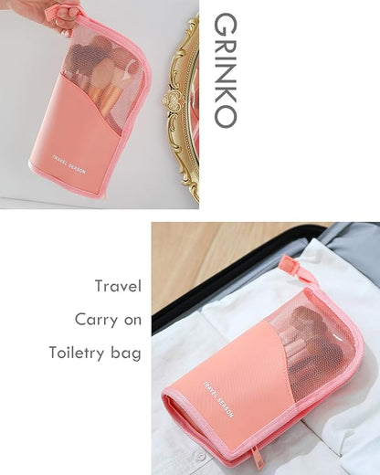 GRINKO Makeup Brush Holder, Travel Makeup Brush Case Waterproof Toiletry Bag Stand-up Makeup Organizer Mesh Cosmetic Bags with Zipper White