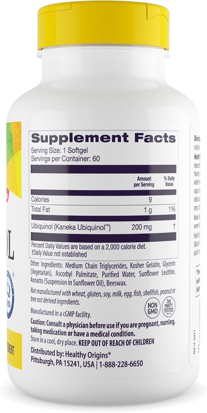 Healthy Origins Ubiquinol (Active Form of CoQ10), 200 mg - Activated Form of CoQ10 - Kaneka Ubiquinol Supplements for Heart Health & Antioxidant Support - Gluten-Free & Non-GMO - 60 Softgels