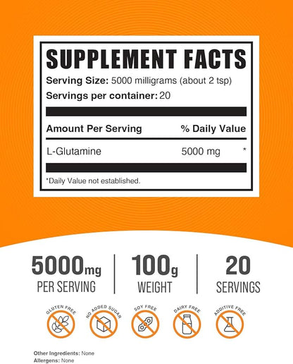 BulkSupplements.com L-Glutamine Powder - Glutamine Supplement, L-Glutamine 5000mg, L Glutamine Powder - Unflavored & Gluten Free, 5000mg per Serving, 100g (3.5 oz) (Pack of 1)