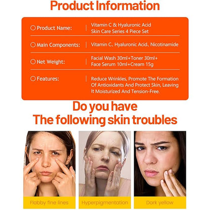 Vitamin C Organic Orange Extract Skin Care Set Facial Wash Toner Serum Face Cream Moisturizing Reduce Wrinkles Hydrate 30ml+30ml+10ml+15g 4PCS