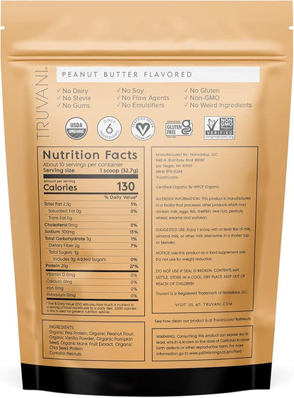 Truvani Vegan Pea Protein Powder | Peanut Butter | 20g Organic Plant Based Protein | 10 Servings | Keto | Gluten & Dairy Free | Low Carb | No Added Sugar