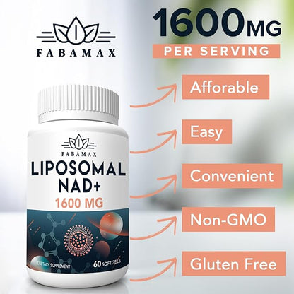 1600 mg Liposomal NAD Supplement, 98% Pure NAD+ Supplement, Superior Absorption, Alternative to Nicotinamide Riboside or NADH to Boost NAD+ for Aging Defense, Energy, Longevity,60 Softgels