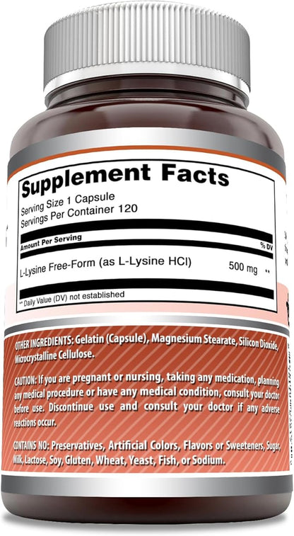 Amazing Formulas L-Lysine 500 mg Capsules Amino Acid Supplement | Non-GMO | Gluten Free | Made in USA (120 Count)