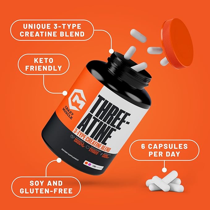 Creatine Capsules - 5g Premium 3X ThreeAtine Pre Workout Bulk Muscle Mass Gainer - High Absorption Easy-to-Take Creatine Monohydrate Pills Alternative Optimum Performance for Men Women - 180 Capsules
