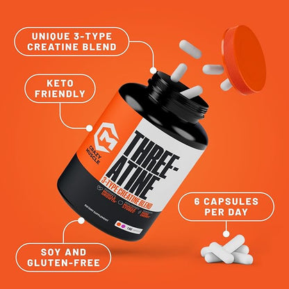 Creatine Capsules - 5g Premium 3X ThreeAtine Pre Workout Bulk Muscle Mass Gainer - High Absorption Easy-to-Take Creatine Monohydrate Pills Alternative Optimum Performance for Men Women - 180 Capsules