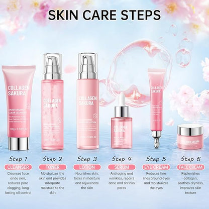 Sakura Skin Care Set, Cherry Blossom Skincare Set for Teen Girls, Hydrate & Repair Skin, 6 Pcs Individually Packaged Collagen Skin Care Kits with Cleanser, Toner, Lotion, Serum, Cream & Eye Cream