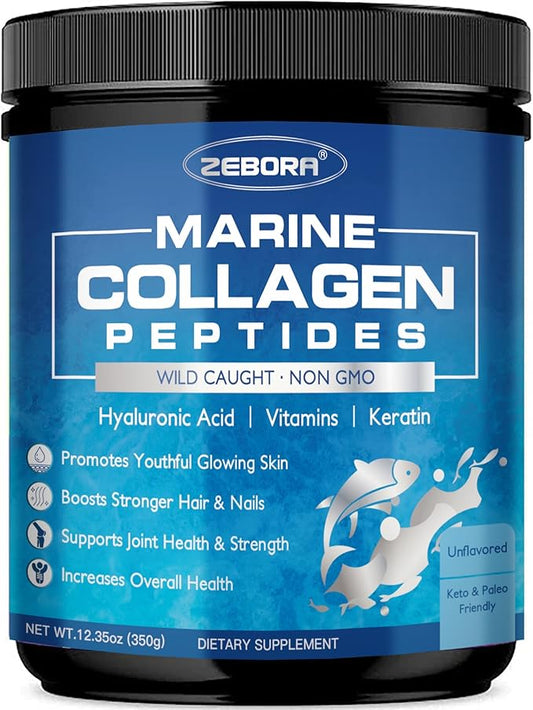 ZEBORA Marine Collagen Peptides Powder with Hyaluronic Acid, Keratin - Wild Caught Hydrolyzed Fish Collagen with Multivitamins - Support Skin Hair Nail Joints, Keto Friendly, 35 Servings