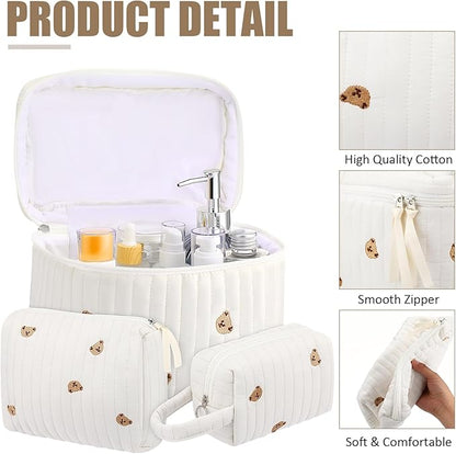 Paterr 3 Pieces Cotton Quilted Makeup Bag Set Coquette Cosmetic Bag Aesthetic Travel Toiletry pouch Cute Pouch Kawaii Aesthetic for Women(White,Little Bear)