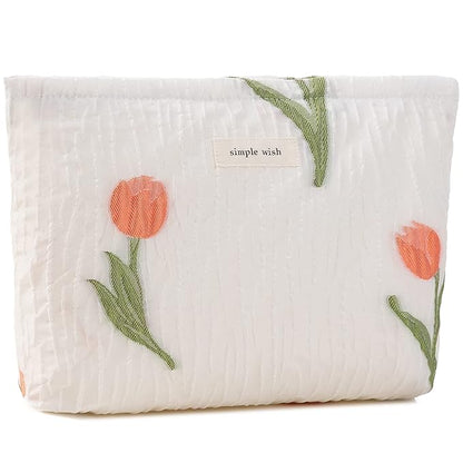 ZLFSRQ Tulip Makeup Bag for Women Floral Cosmetic Pouch for Purse Zipper Cosmetic Bags Large Capacity Quilted Canvas Cute Aesthetic Flower Makeup Bags Gift Travel Toiletry Makeup Organizer