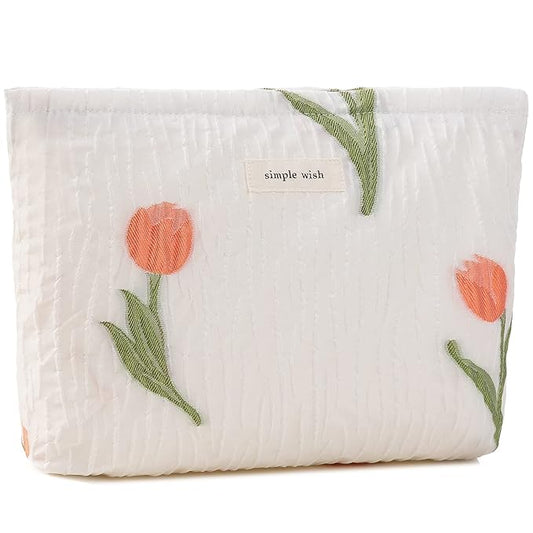 ZLFSRQ Tulip Makeup Bag for Women Floral Cosmetic Pouch for Purse Zipper Cosmetic Bags Large Capacity Quilted Canvas Cute Aesthetic Flower Makeup Bags Gift Travel Toiletry Makeup Organizer