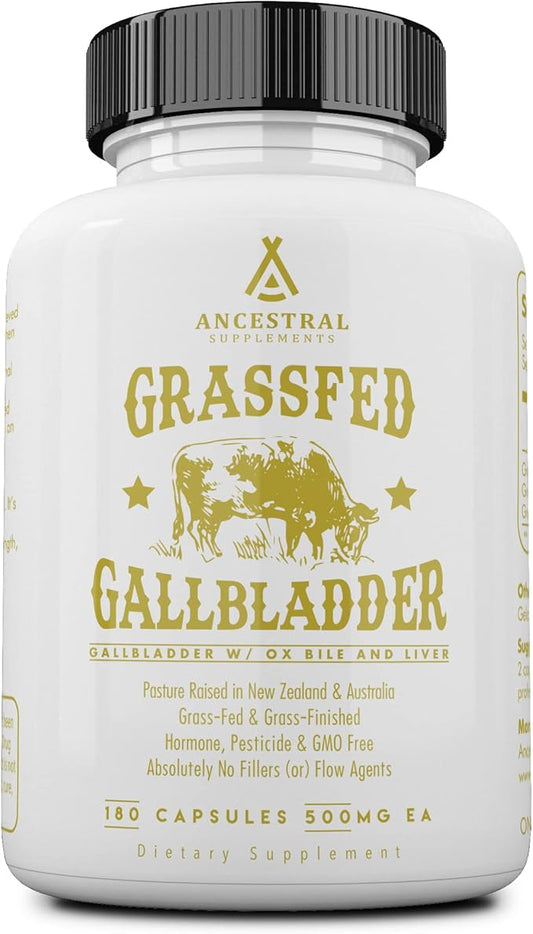 Ancestral Supplements Grass Fed Beef Gallbladder Supplements with Ox Bile and Liver, 1000mg, Liver and Gallbladder Support Complex Promotes Gallbladder & Digestive Health and Bile Flow, 180 Capsules