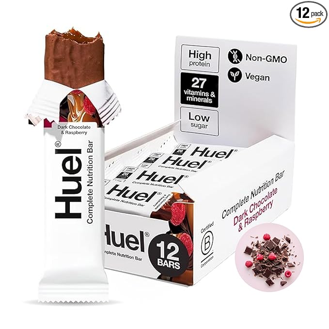 Huel Complete Nutrition Vegan Protein Bars | Dark Chocolate Raspberry | 13g Protein, 27 Vitamins and Minerals, 2g Sugar, Non-GMO, 100% Plant Based Snack | 12 Pack