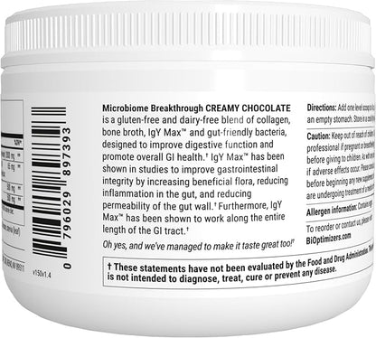 Microbiome Breakthrough Repair Powder - Chocolate Flavor - Has Lactobacillus Strains, Bone Broth & Collagen - Source of L-Glutamine - Gas & Bloating Relief - Improves Gut Health - 30 Servings - 150g