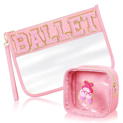 Hillban 2 Pcs Ballet Gifts Chenille Letter Bags Makeup Cosmetic Bags Toiletry Travel Flat Pouch Preppy Patch Clear Purse PVC Waterproof Organizer Storage Case Gifts for Team Girls Women