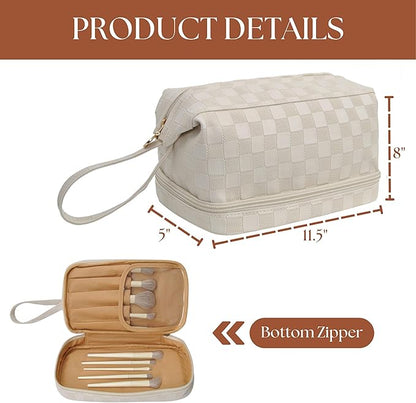 NGIL Faux Leather Cosmetic Bag for Women, Makeup Bag Organizer, Makeup Brush Storage, Portable Travel Bag for Toiletries (Checkered, Cream, Medium)