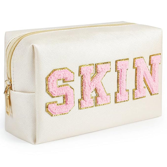 Preppy Makeup Bag, Synthetic Leather Patch Cosmetic Bag with SKIN Chenille Letter for Travel, Gift for Girlfriend or Wife, Present for Girls, Daughter, Sister and Mother