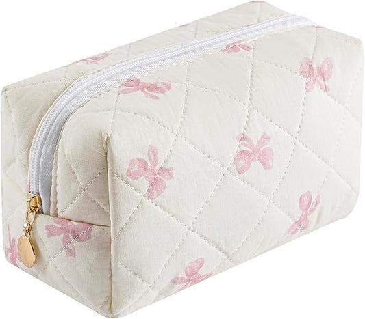 Quilted Cotton Makeup Bag Travel Cosmetic Bag for Women Girls, Zipper Make Up Pouch, Bow Pattern Toiletry Organizer Makeup, Portable Storage Bag (Pink Bow Tie)