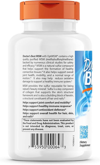 Doctor's Best MSM with OptiMSM, Joint Support, Immune System, Antioxidant and Protein-Building Role, Non-GMO, Gluten Free, 1000 mg, 180 Caps