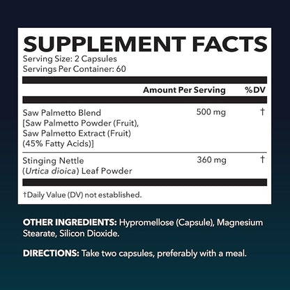 Saw Palmetto with Stinging Nettle Extract - 2X Formula Saw Palmetto Prostate Support Supplement for Men's Health - DHT Blocker for Men to Support Hair, Bladder and Prostate Health - 2 Month Supply