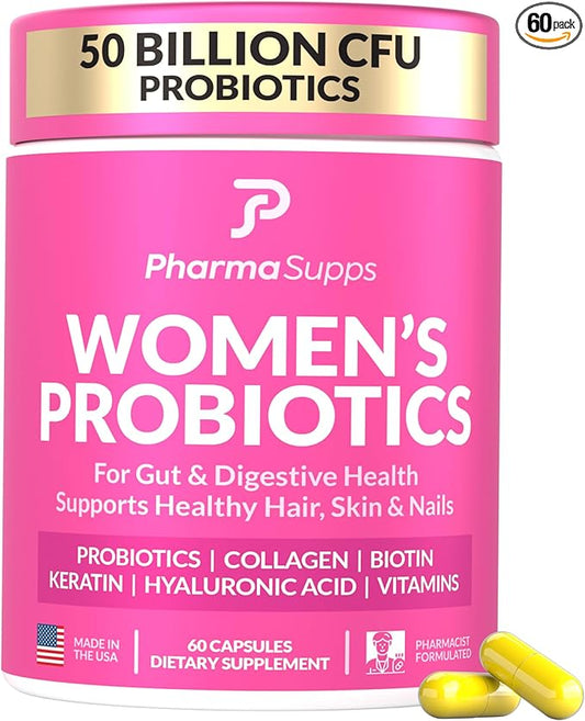 Advanced Women's Probiotics for Gut Health with Hair, Skin, & Nails Vitamins Support - 50 Billion CFU w/Collagen, Biotin & Keratin - Probiotic Supplement for Digestive Health & Bloating Relief.
