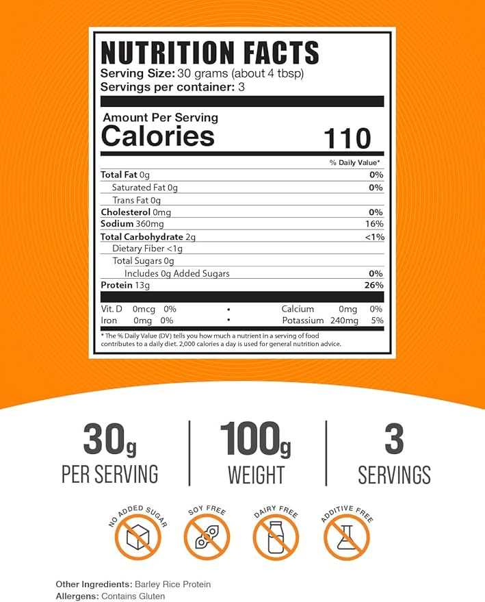 BulkSupplements.com Barley Rice Protein Powder - Vegan Protein Powder, Unflavored Protein Powder - Dairy Free Protein Source, 30g per Serving, 100g (3.5 oz) (Pack of 1)