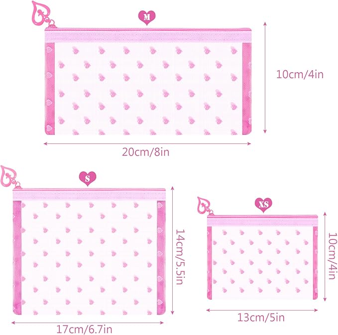 6 Pack Mini Zipper Mesh Makeup Bags, Heart Print Nylon Cosmetic Bags Toiletry Bags for Office Travel Organization (Pink, XS)