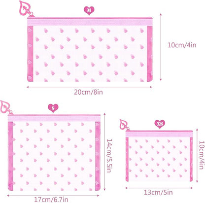 6 Pack Mini Zipper Mesh Makeup Bags, Heart Print Nylon Cosmetic Bags Toiletry Bags for Office Travel Organization (Pink, XS)