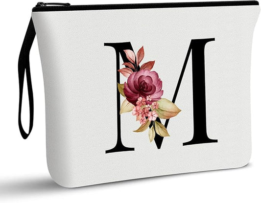 Vavabox A-Z Personalized Makeup Bag, Birthday Gifts for Women Mom, Gifts for Best Friend, Bride Bridesmaid Cosmetic bag (M, White)