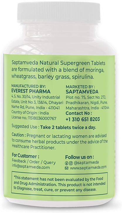 Natural Supergreen 120 Tablets | Multivitamin, Contains Moringa, Wheatgrass, Spirulina & Barely Grass
