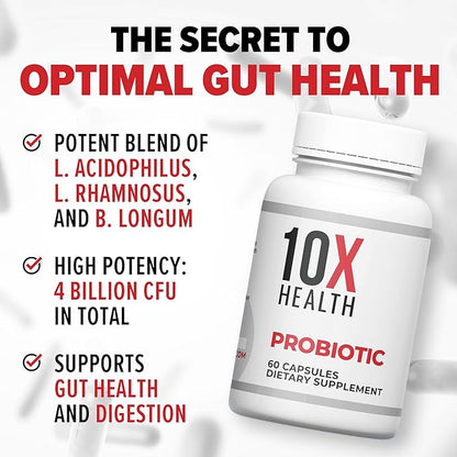 10X Health Probiotics - Immune Support Supplement & Probiotics for Digestive Health w/Lactobacillus Acidophilus, Rhamnosus & Bifidobacterium Longum, Dietary Supplements w/Essential Enzymes (60 Caps)
