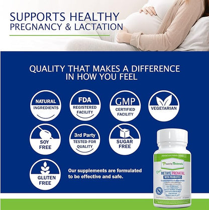 Power By Naturals Prenatal Probiotic Blend Vitamins w/Methylfolate, B12, Iron, Ginger & 27+ Essential Nutrients for Healthy Pregnancy, Prenatal Probiotics for Women, Pregnancy Probiotic, 60 Capsules