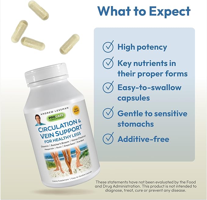 ANDREW LESSMAN Circulation & Vein Support for Healthy Legs 180 Capsules - High Bioactivity Diosmin, Butcher's Broom, Visibly Reduces Swelling & Discomfort in Feet, Ankles, Calves, Legs