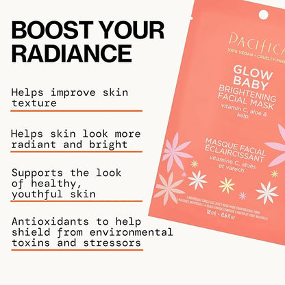 Pacifica Glow Baby Complete Skincare Set – 6 Piece Vitamin C Brightening Collection (Face Wash, Peel Pads, Booster Serum, Moisturizer, Eye Cream, Sheet Mask), 100% Vegan