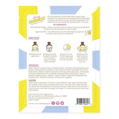 FACETORY K Beauty Face Mask Skin Care - OH MY GOODNESS REJUVENATING SNAIL Sheet Mask with Snail Essence & Hyaluronic Acid | Hydrate, Soothe, Seal in Moisture (10 Pack)