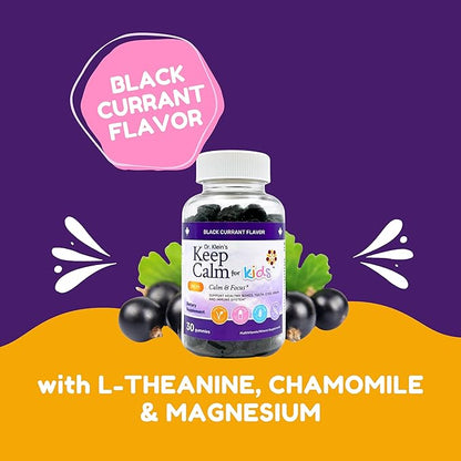 Dr. Klein's Keep Calm Kids Gummies L-Theanine & Chamomile Extract - Supports Focus, Attention, & Alertness of Kids Ages 5+ - Calming Chews Vitamins & Minerals for Kids - Black Currant Sugar-Free 30ct