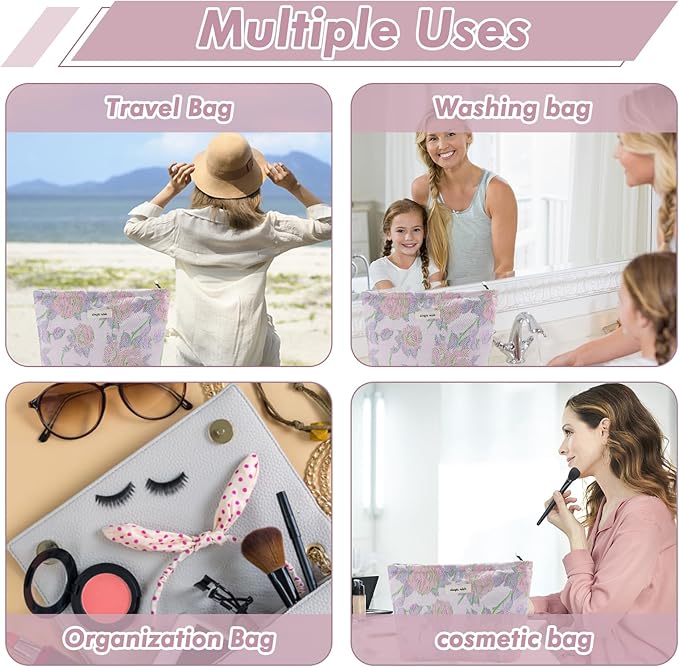 Flower Makeup Bag Travel Large Cosmetic Bag for Women Cute Rose Makeup Pouch Zipper Cosmetic Pouch for Purse Aesthetic Pink Floral Make up Organizer Bag Portable Toiletry Bag