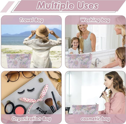 Flower Makeup Bag Travel Large Cosmetic Bag for Women Cute Rose Makeup Pouch Zipper Cosmetic Pouch for Purse Aesthetic Pink Floral Make up Organizer Bag Portable Toiletry Bag