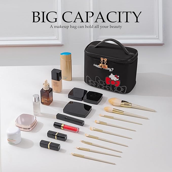 AmBealla Travel Makeup Bag Large Cosmetic Bags with Brush Holder,Black Waterproof 2PCS Portable Cosmetic Case for Women, Toiletry Storage Bag for Skincare & Beauty Tools for Girls