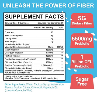 Fiber Gummies for Adults, Fiber Gummies for Women & Men, Fiber Gummies for Regularity, Digestion & Gut Health, 5 Prebiotics Complex, Inulin, Fos, Chicory Root - Fiber 5g, Sugar Free, 9 Packs