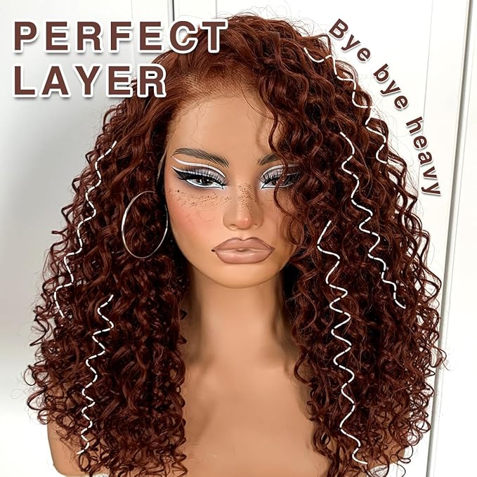 Reddish Brown HD Lace Curly Wig Wear And Go Glueless Wig Pre-Plucked Synthetic Lace Frontal Wig 13x6 Kinky Afro Curly With Layer 18 Inch