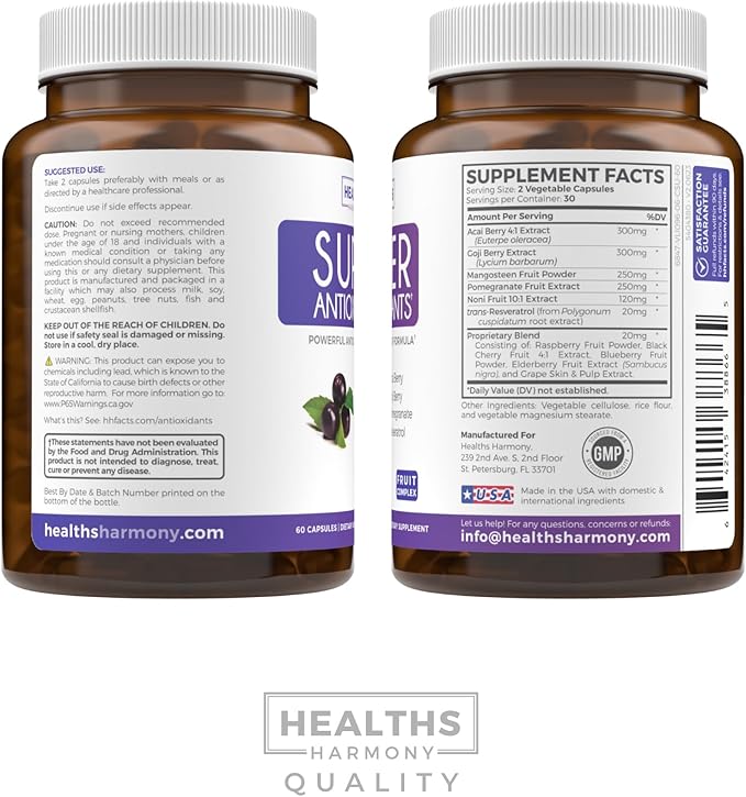 Super Antioxidants Supplement - Powerful Super Food Antioxidant Daily Blend - Acai Berry, Goji, Pomegranate & Trans Resveratrol - Herbal and Fruit Formula For Women and Men - Skin Care - 60 Capsules