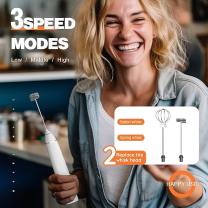 Milk Frother Rechargeable Handheld Electric Whisk Coffee Frother Mixer with 2 Stainless whisks 3 Speed Adjustable Foam Maker Blender for Coffee Matcha Latte Cappuccino Hot Chocolate(White)