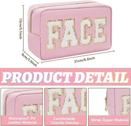 Whaline 4 Pcs Preppy Makeup Bag Chenille Letter Cosmetic Bag PU Leather Waterproof Toiletry Bag Portable Makeup Pouch Organizer Zipper Patches for Women Gifts(Earth Tone,Skin,Stuff,Hair,Face)