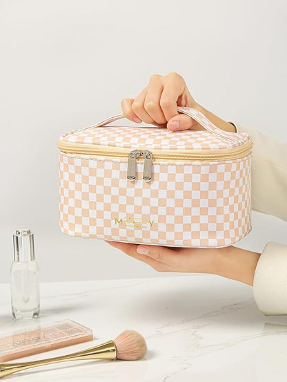 KITENROM Preppy Makeup Bag Travel Cosmetic Bags for Women Girls Multi-color Checkered Plaid Small Pouch Toiletry Bag Organizer Case Waterproof Case (Pink Checkerboard)