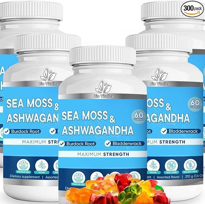 BIO VITALICA Sea Moss Ashwagandha Gummies - Organic Irish Seamoss & Ashwa Root Powder Supplements for Supporting Energy & Immunity for Men and Women