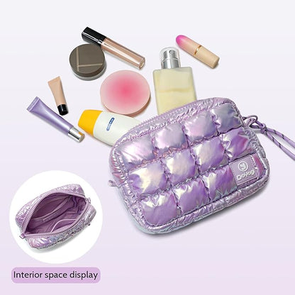Quilted Cosmetic Bag, Puffer Makeup Bags, Crossbody Purses for women,Cute Travel Toiletry Bag for Women (Dazzling Light Purple)